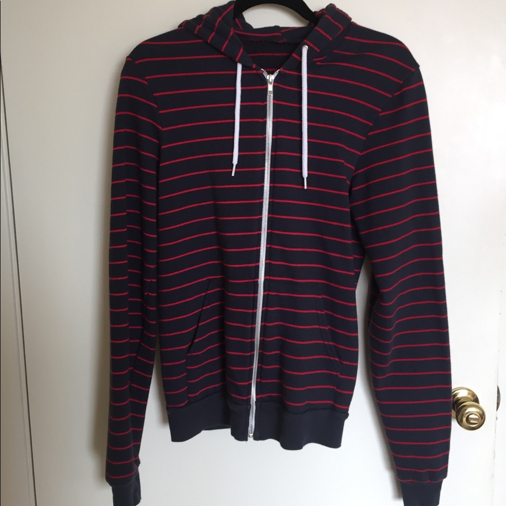 American apparel navy and red stripe fleece hoodie